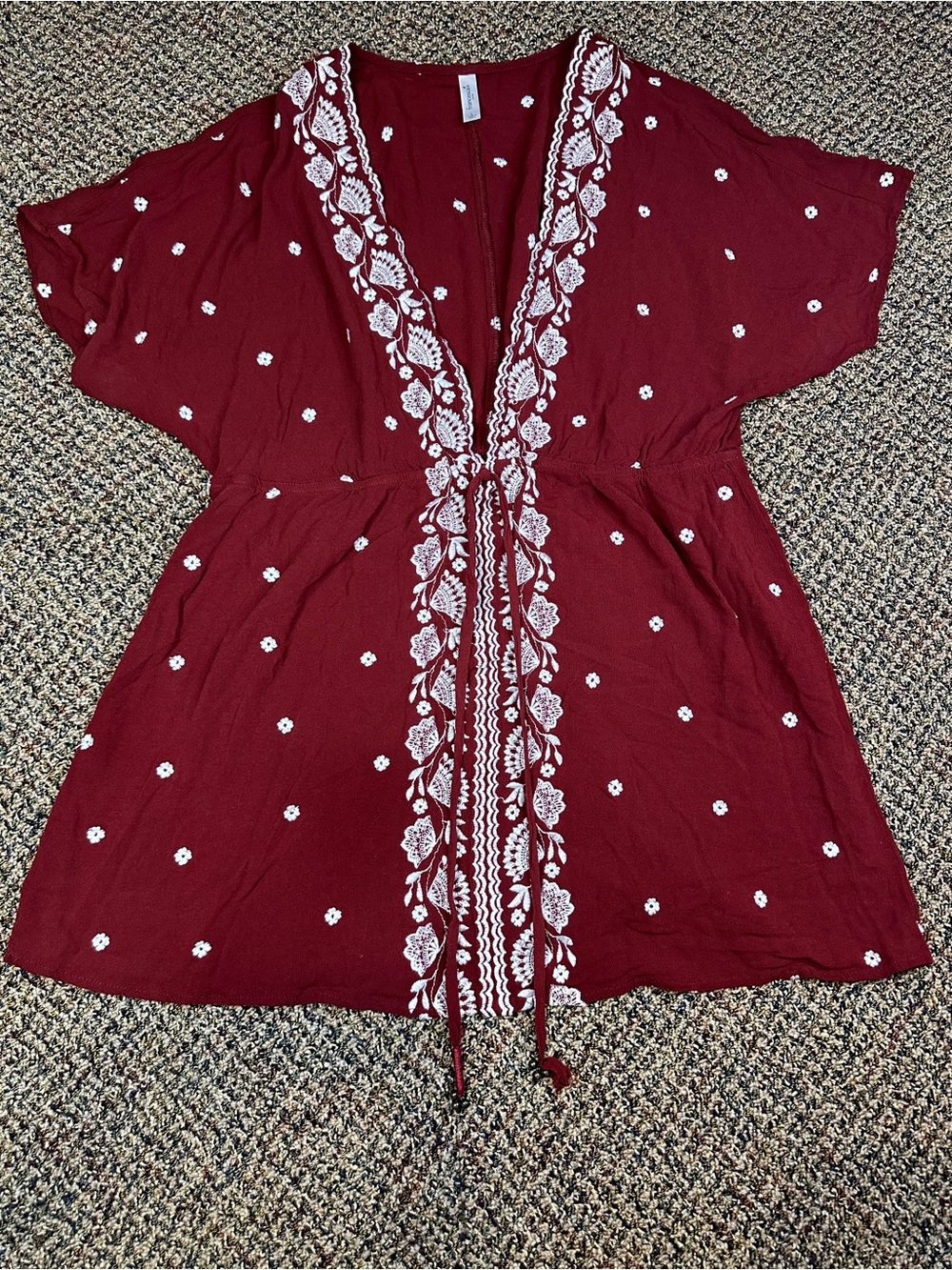 Francesca's Collections Maroon Coverup with White Floral Embroidery